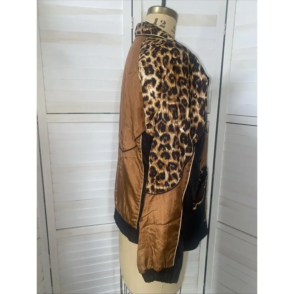 80s Wind Breaker Black and Brown Cheetah Pattern Metallic Gold Trim Small/Medium - Picture 4 of 9